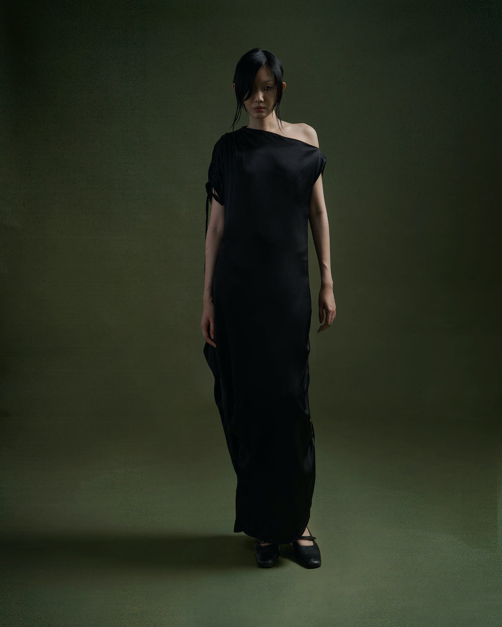 BLACK PLUM RUTCHED SILK DRESS