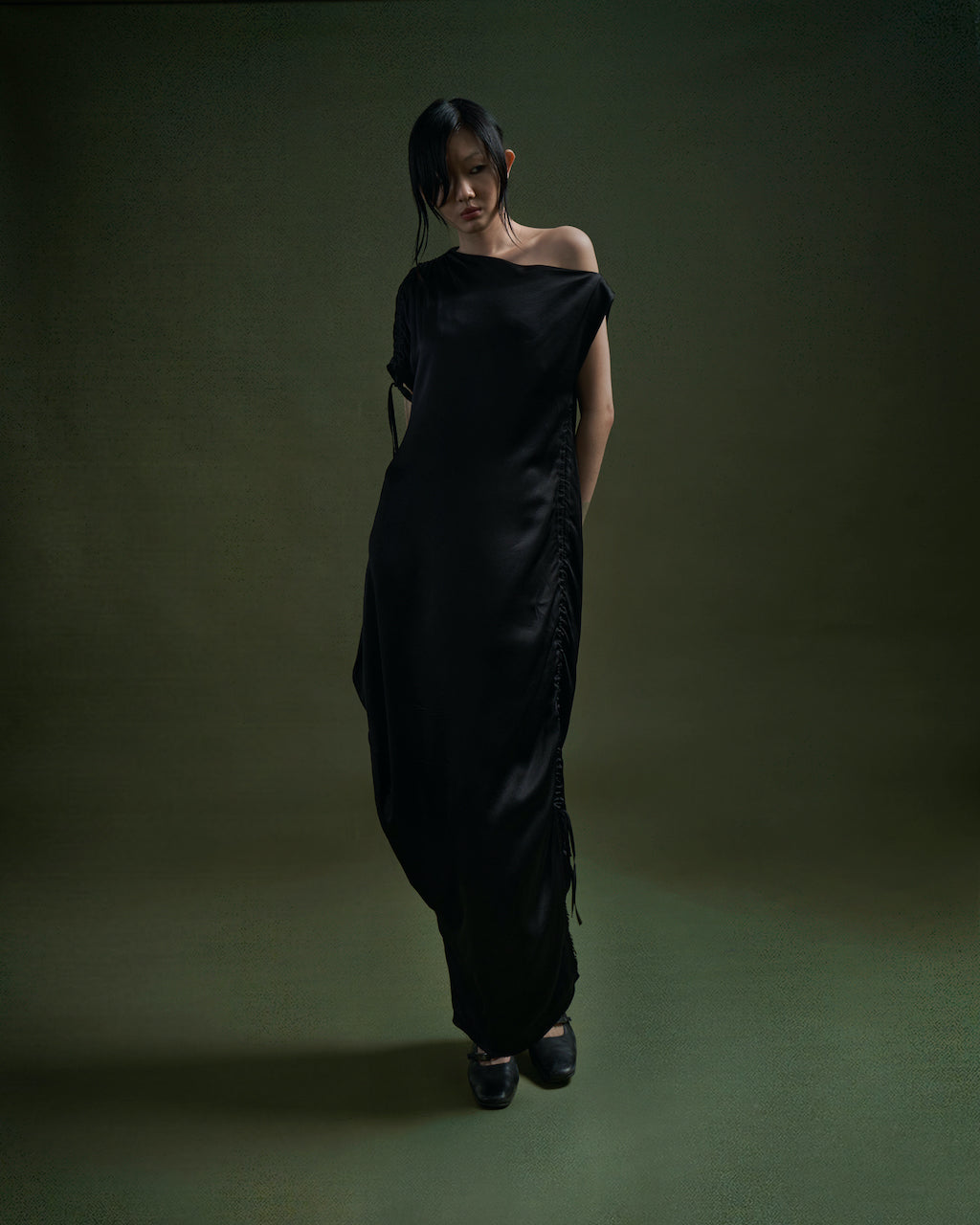BLACK PLUM RUTCHED SILK DRESS