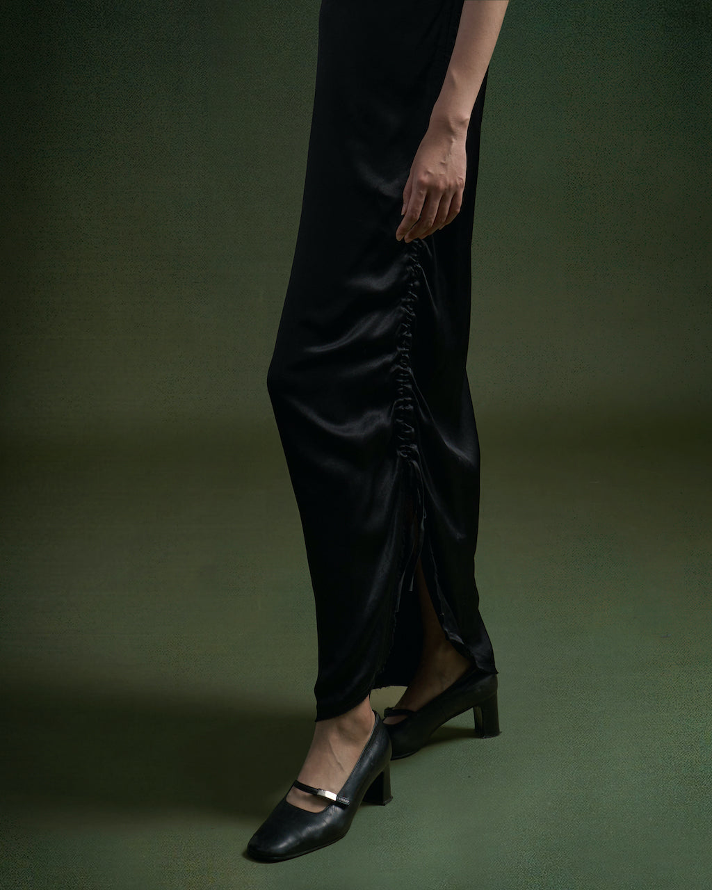 BLACK PLUM RUTCHED SILK DRESS
