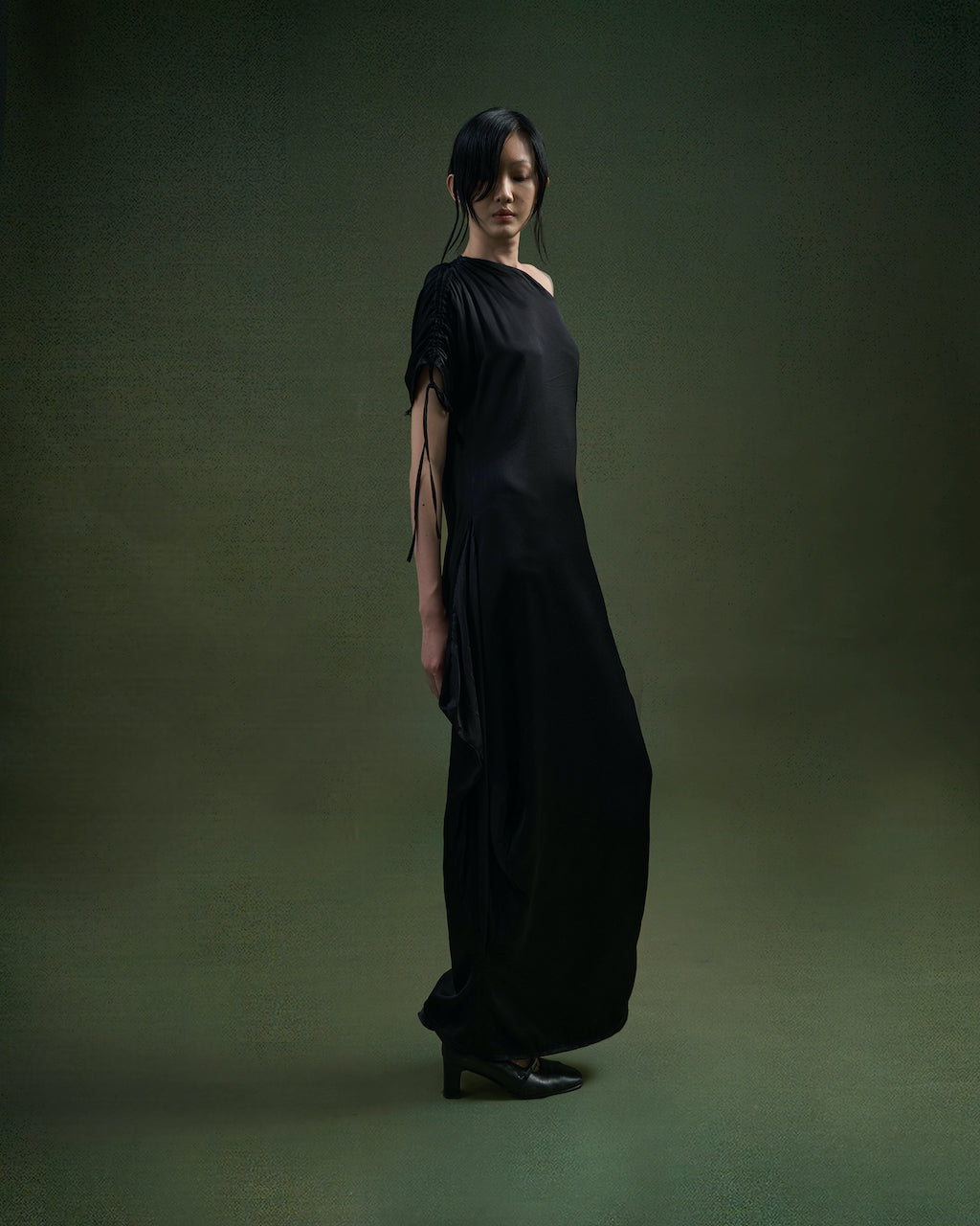 BLACK PLUM RUTCHED SILK DRESS