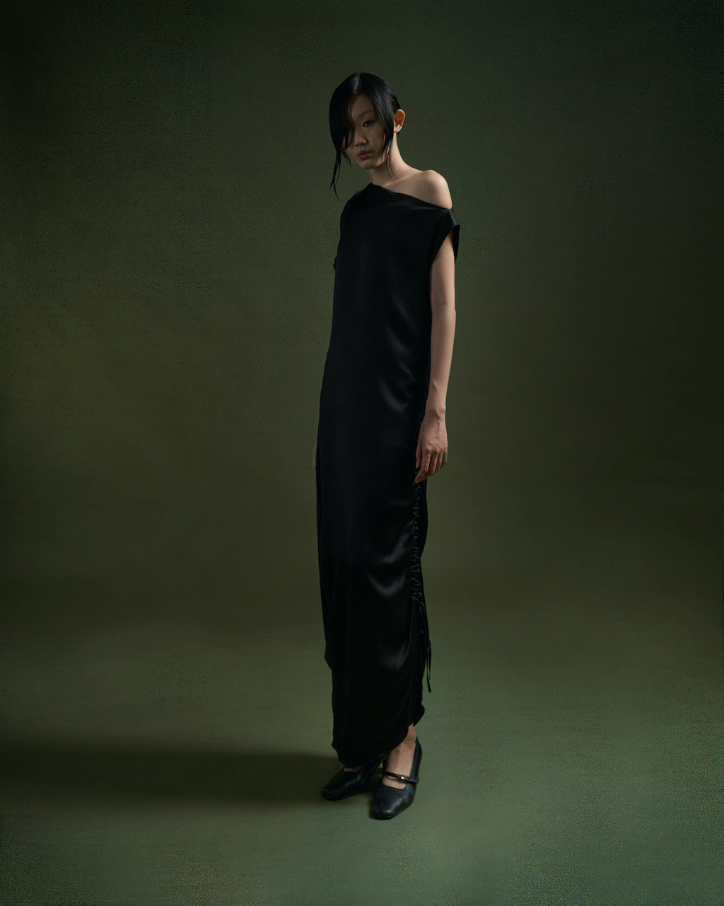 BLACK PLUM RUTCHED SILK DRESS