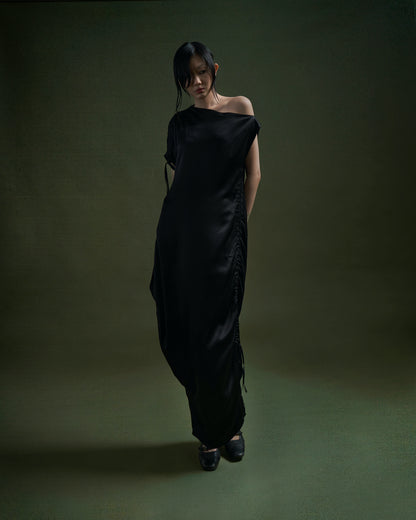 BLACK PLUM RUTCHED SILK DRESS