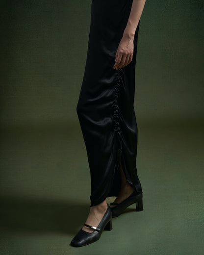 BLACK PLUM RUTCHED SILK DRESS
