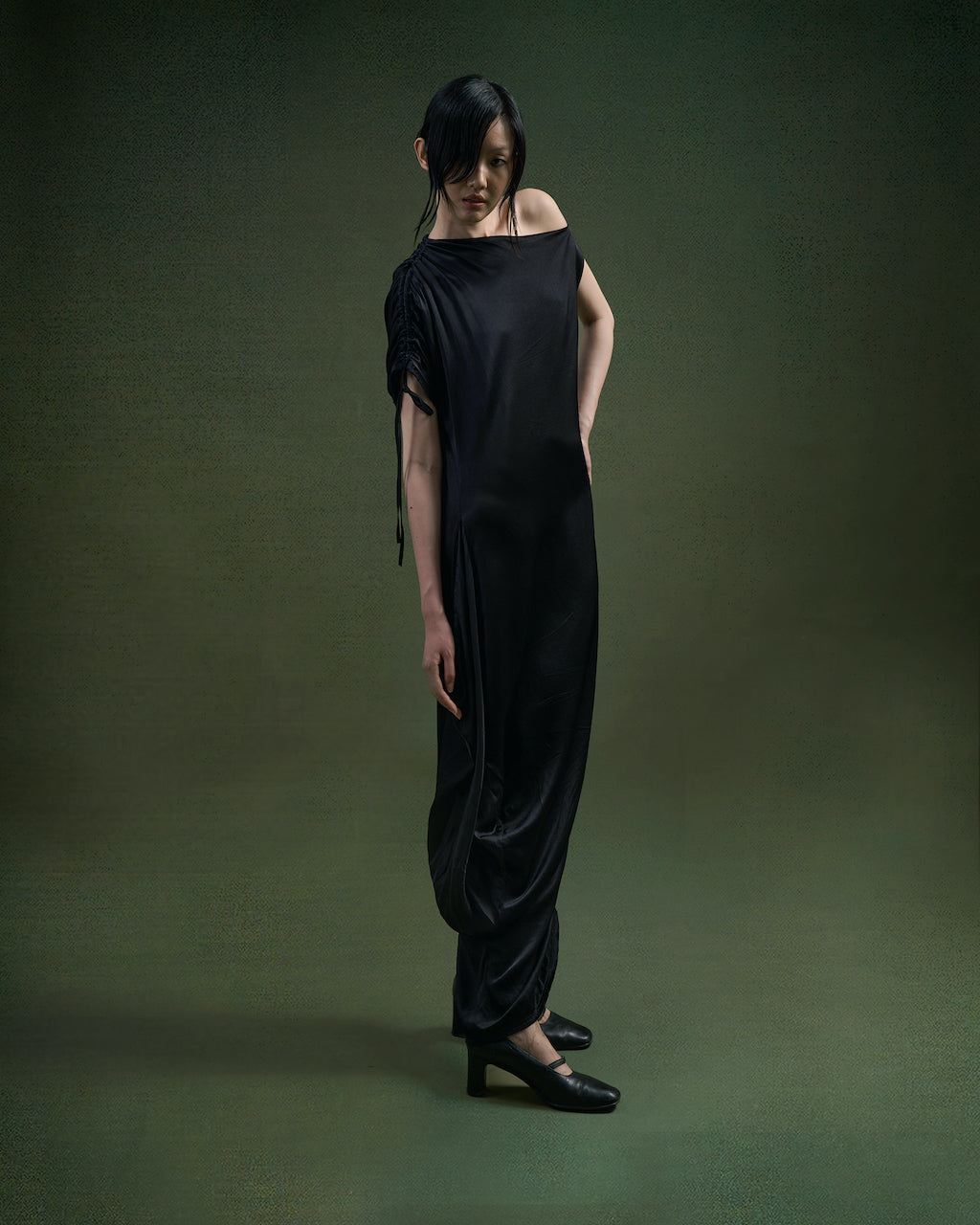 BLACK PLUM RUTCHED SILK DRESS