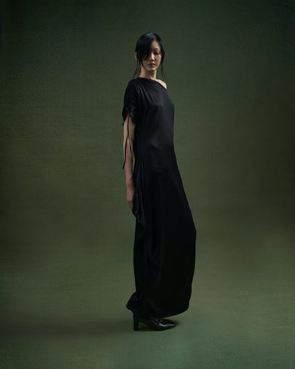BLACK PLUM RUTCHED SILK DRESS