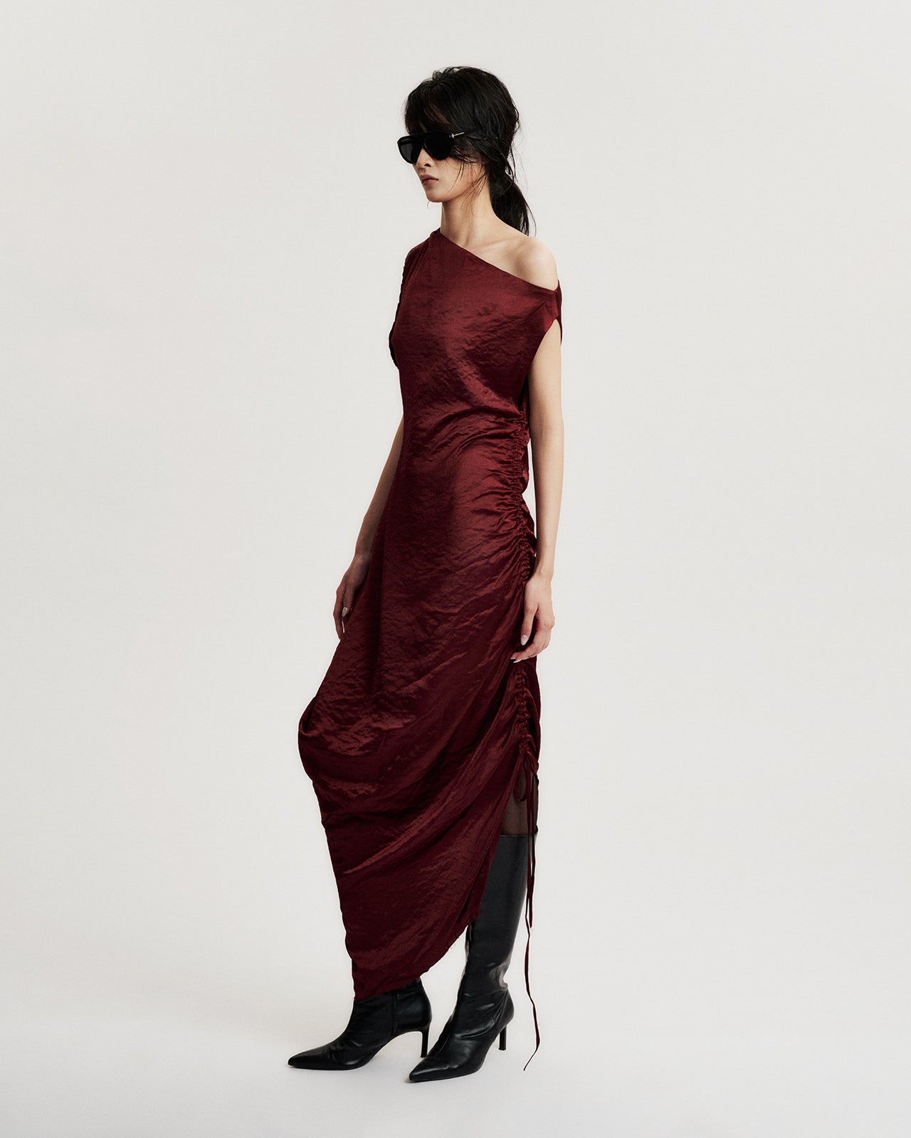 BLACK PLUM RUTCHED SILK DRESS
