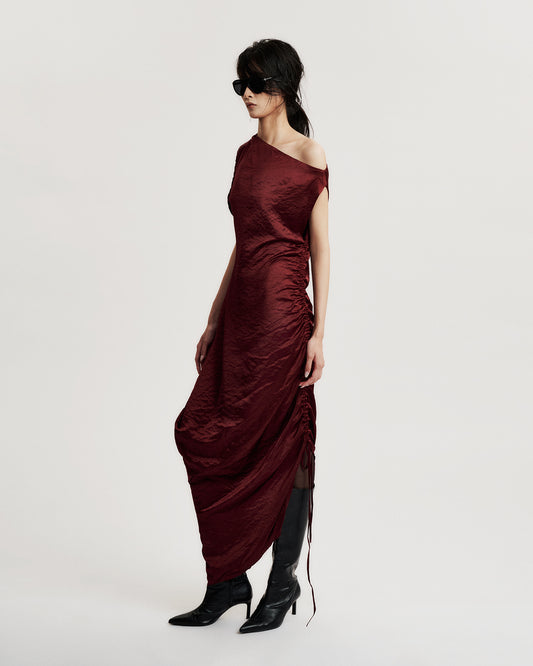 BLACK PLUM RUTCHED SILK DRESS